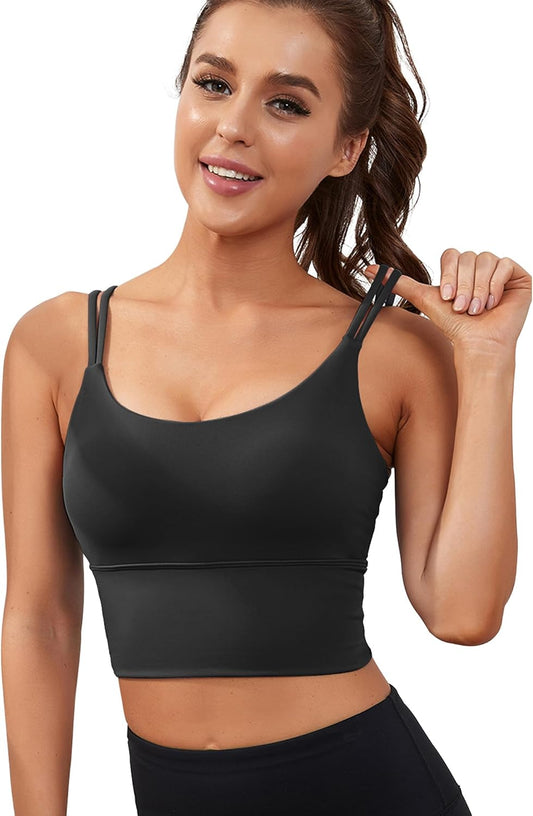 Longline Sports Bra for Women Padded Workout Tank Tops Built in Bras Strappy Yoga Corp Top Camisole